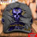 Custom Name NFL Baltimore Ravens Skull All Over Print - Blue 3D Classic Cap