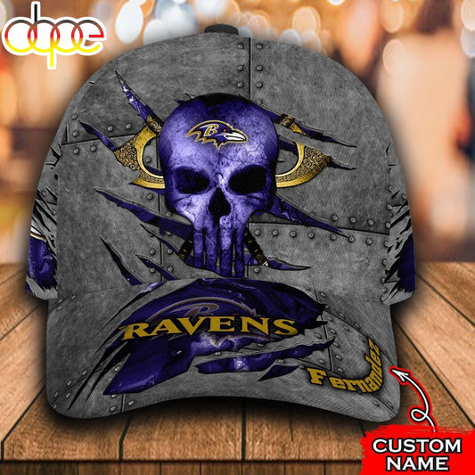 Custom Name NFL Baltimore Ravens Skull All Over Print - Blue 3D Classic Cap