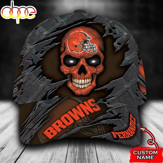 Custom Name NFL Cleveland Browns Skull All Over Print - Orange 3D Classic Cap