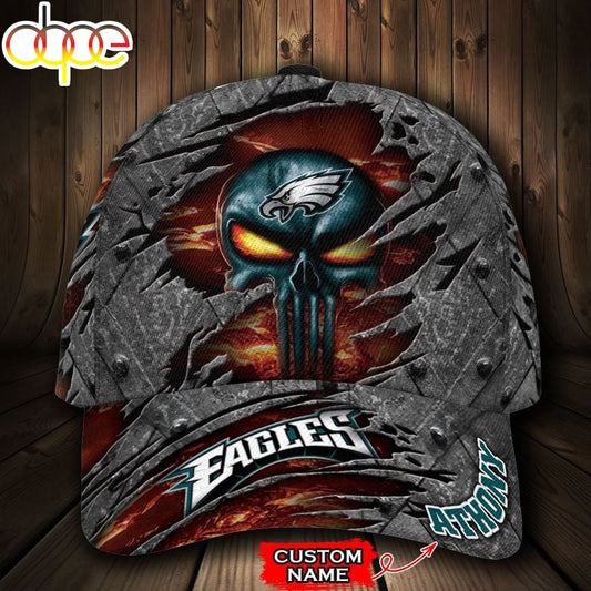 Custom Name NFL Philadelphia Eagles Skull All Over Print 3D Classic Cap