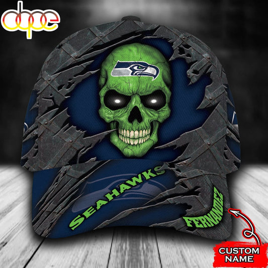 Custom Name NFL Seattle Seahawks Skull All Over Print 3D Classic Cap