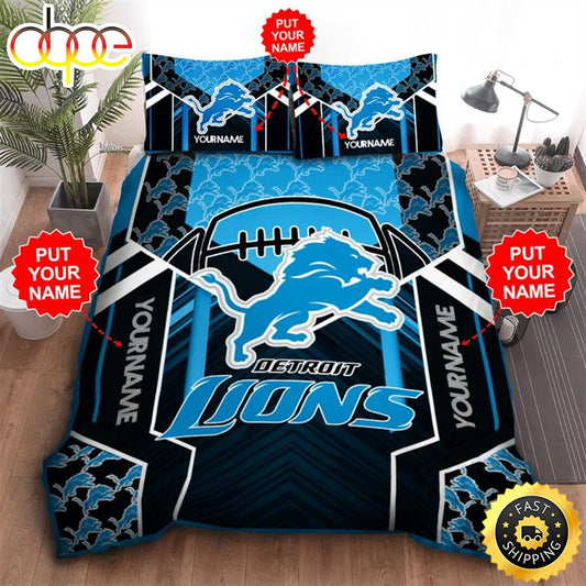 NFL Detroit Lions Custom Name Black Blue Bedding Set