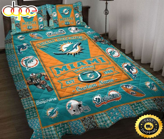 NFL Miami Dolphins Custom Name Aqua Orange Est 1966 Bedding Set