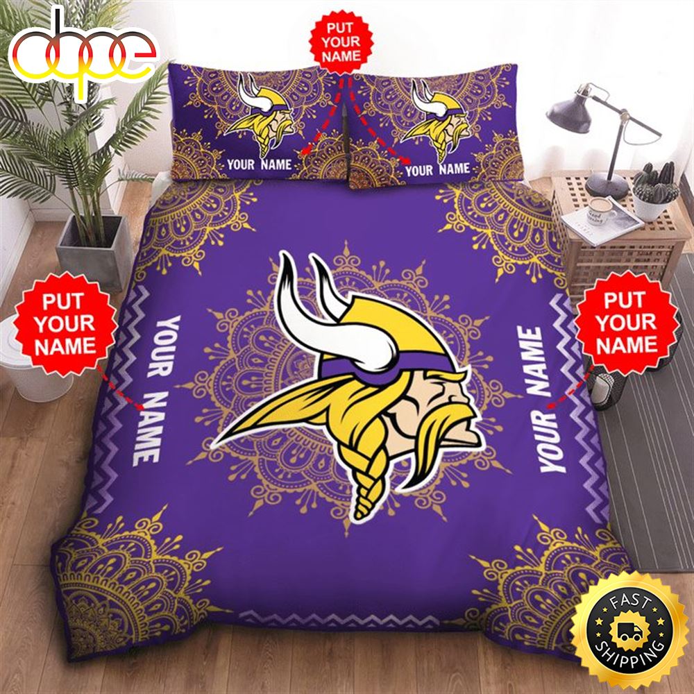 NFL Minnesota Vikings Custom Name Purple Yellow Logo Bedding Set