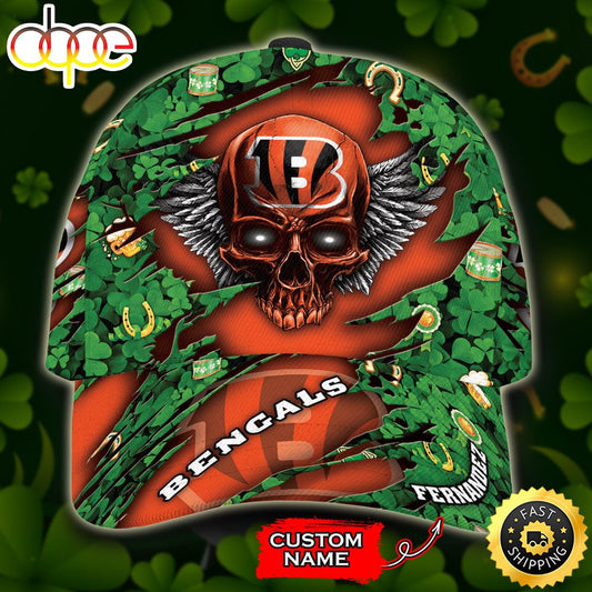 Personalized Cincinnati Bengals St Patrick Day Skull All Over Print 3D Baseball Cap - Orange Green-TPH
