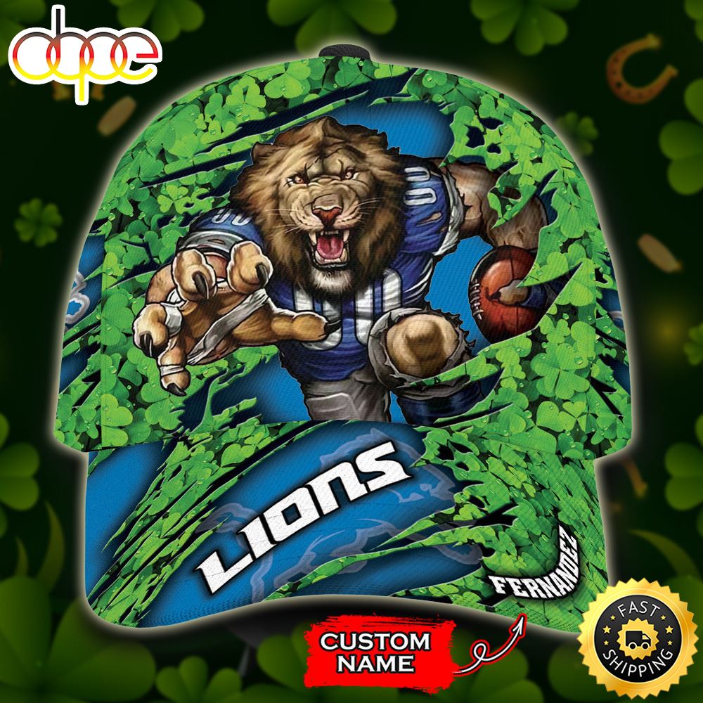 Personalized Detroit Lions Mascot St Patrick Day All Over Print 3D Baseball Cap - Blue Green-TPH