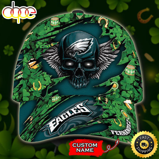 Personalized Philadelphia Eagles St Patrick Day Skull All Over Print 3D Baseball Cap - Green Blue-TPH