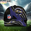 Custom Name Baltimore Ravens NFL Black And White American Flag Fire Baseball Cap