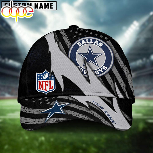 Custom Name Dallas Cowboys NFL Black And White American Flag Fire Baseball Cap