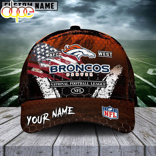 Custom Name Denver Broncos NFL Dark Scratch American Flag Baseball Cap