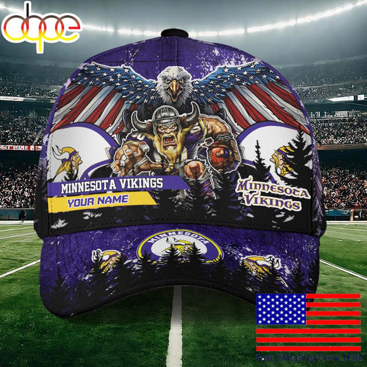 NFL Minnesota Vikings Mascot Logo Custom Name Baseball Cap  For Fans