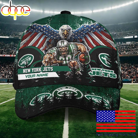 NFL New York Jets Mascot Logo Custom Name Baseball Cap  For Fans